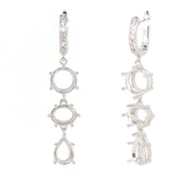 Sterling silver semi mount earrings setting with round, oval, and pear shape dangle designs, French clip closure.
